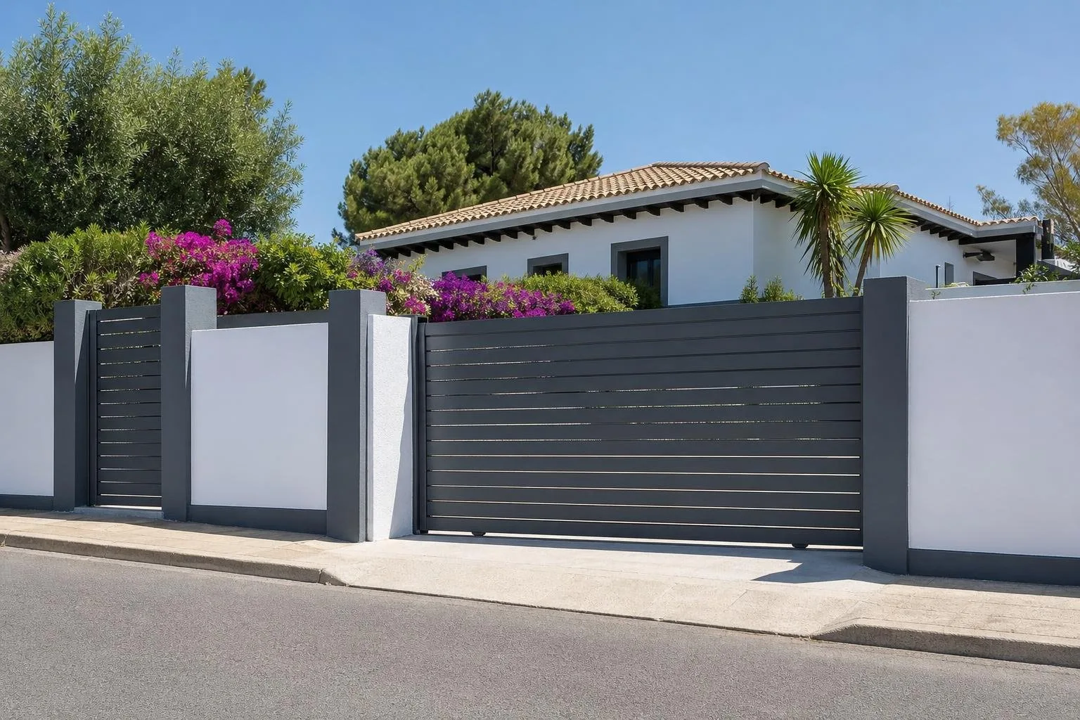 Muro y puerta de un chalet recién pintados en blanco y gris