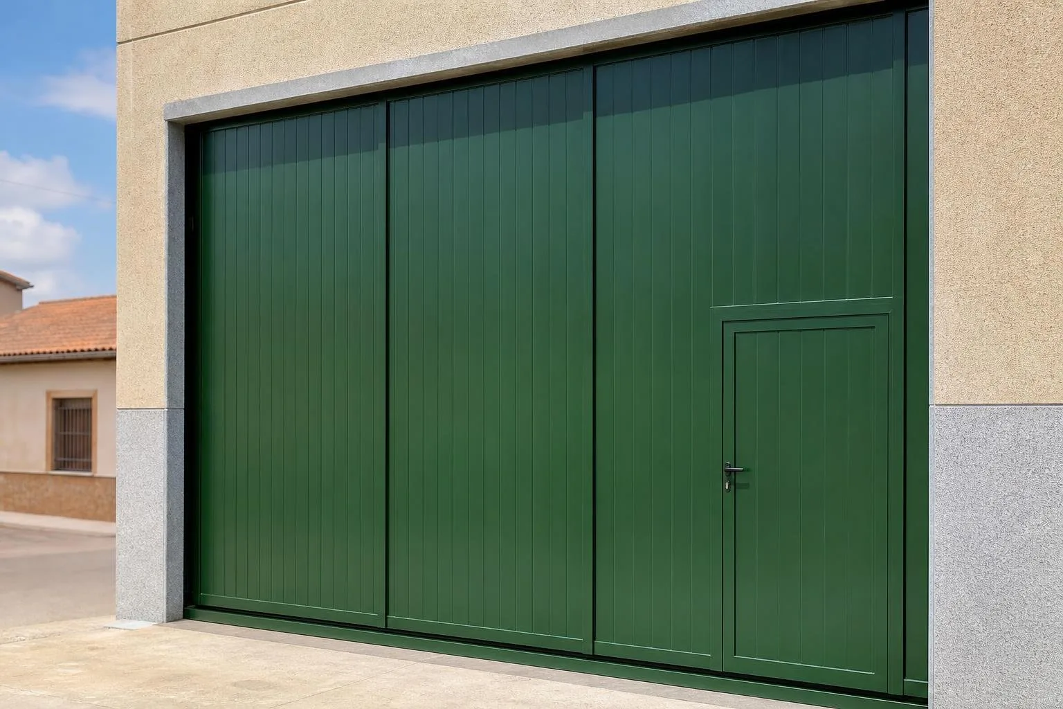 Puerta metálica de una nave recién pintada en verde oscuro