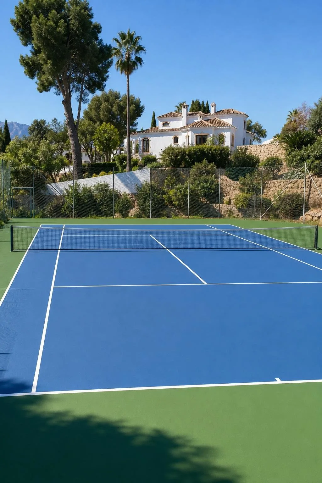 Pista de tenis con pavimento azul y verde y líneas blancas