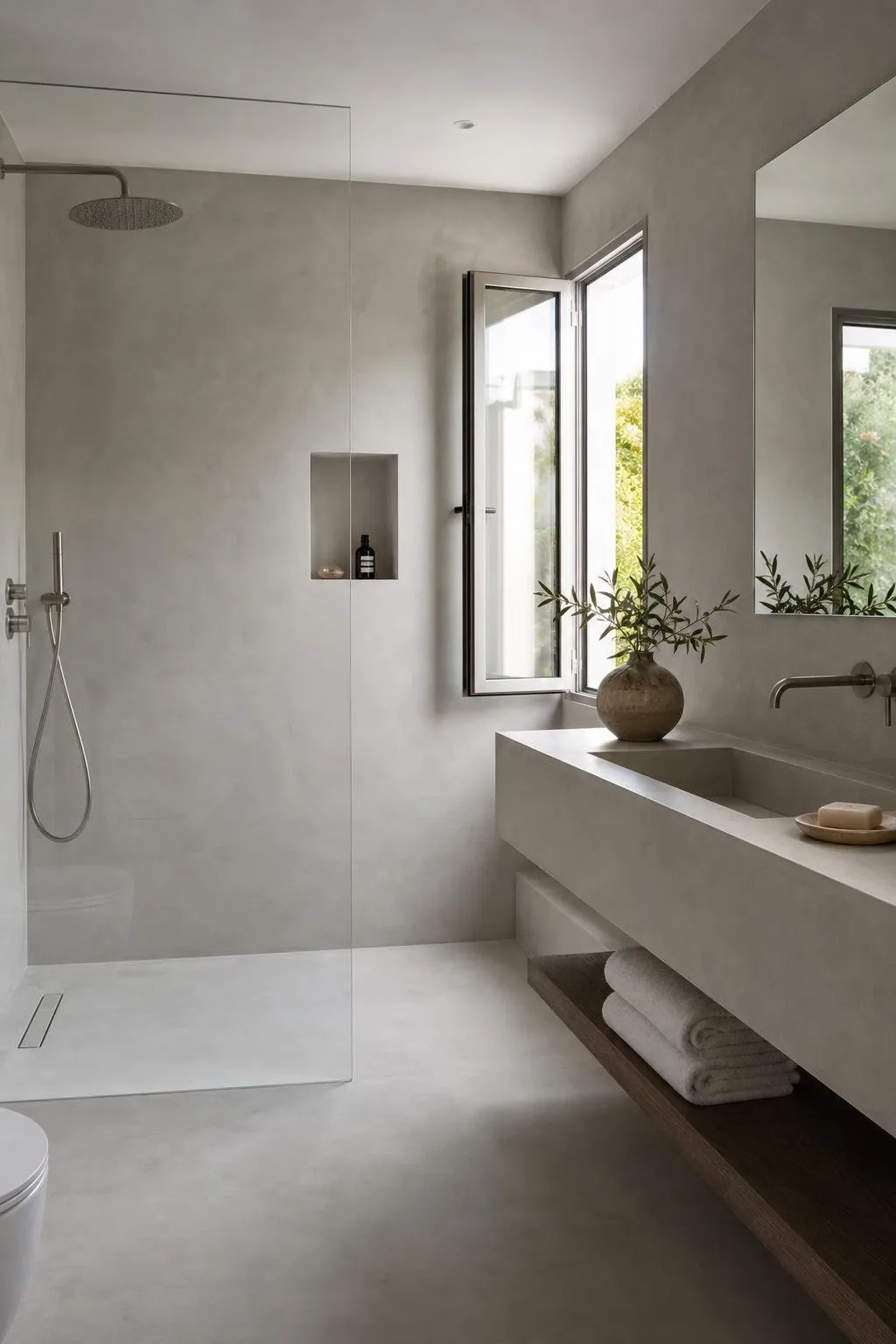 Baño de microcemento gris claro con ducha a ras de suelo