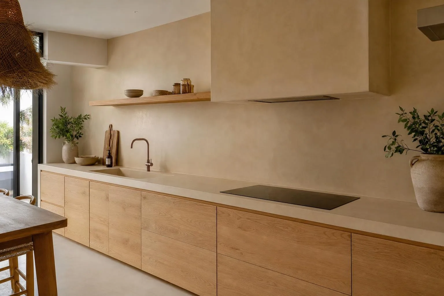 Cocina con encimera y pared de microcemento beige