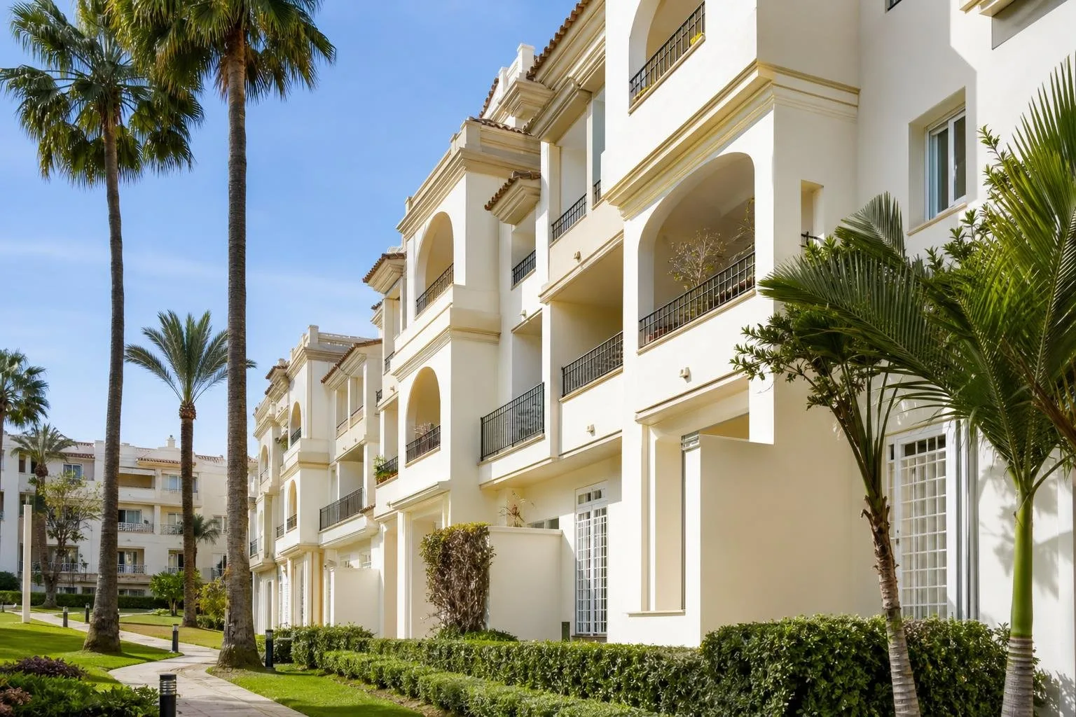 Bloque de apartamentos junto a la costa con fachada recién pintada