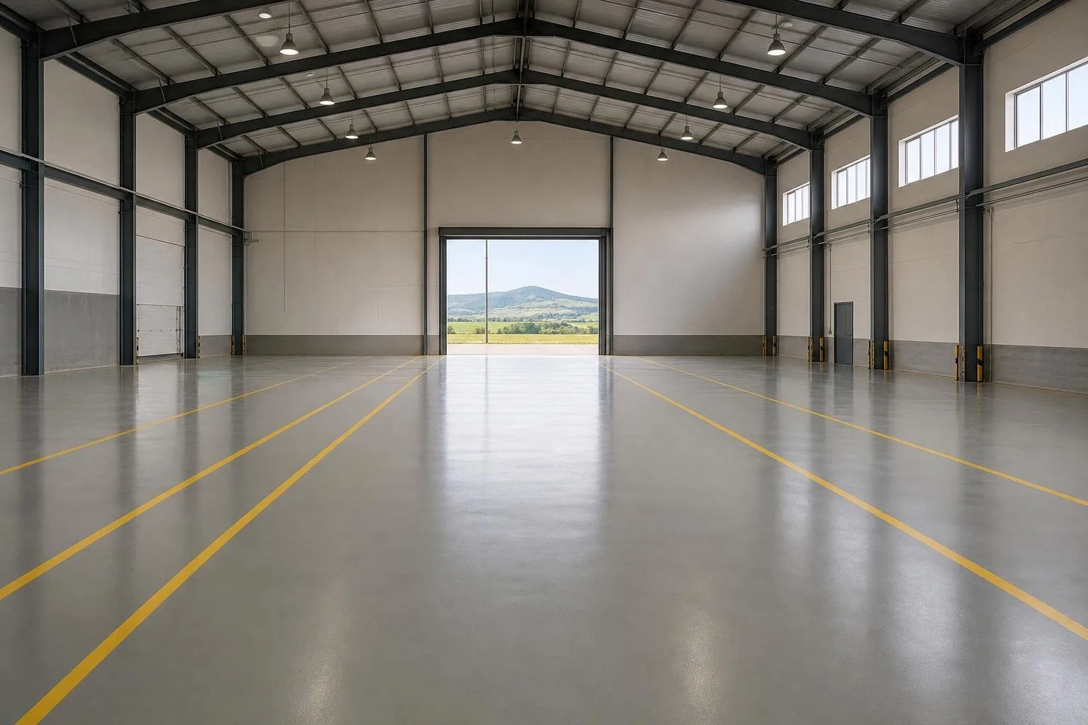 Nave industrial con suelo epoxi gris y líneas amarillas de seguridad