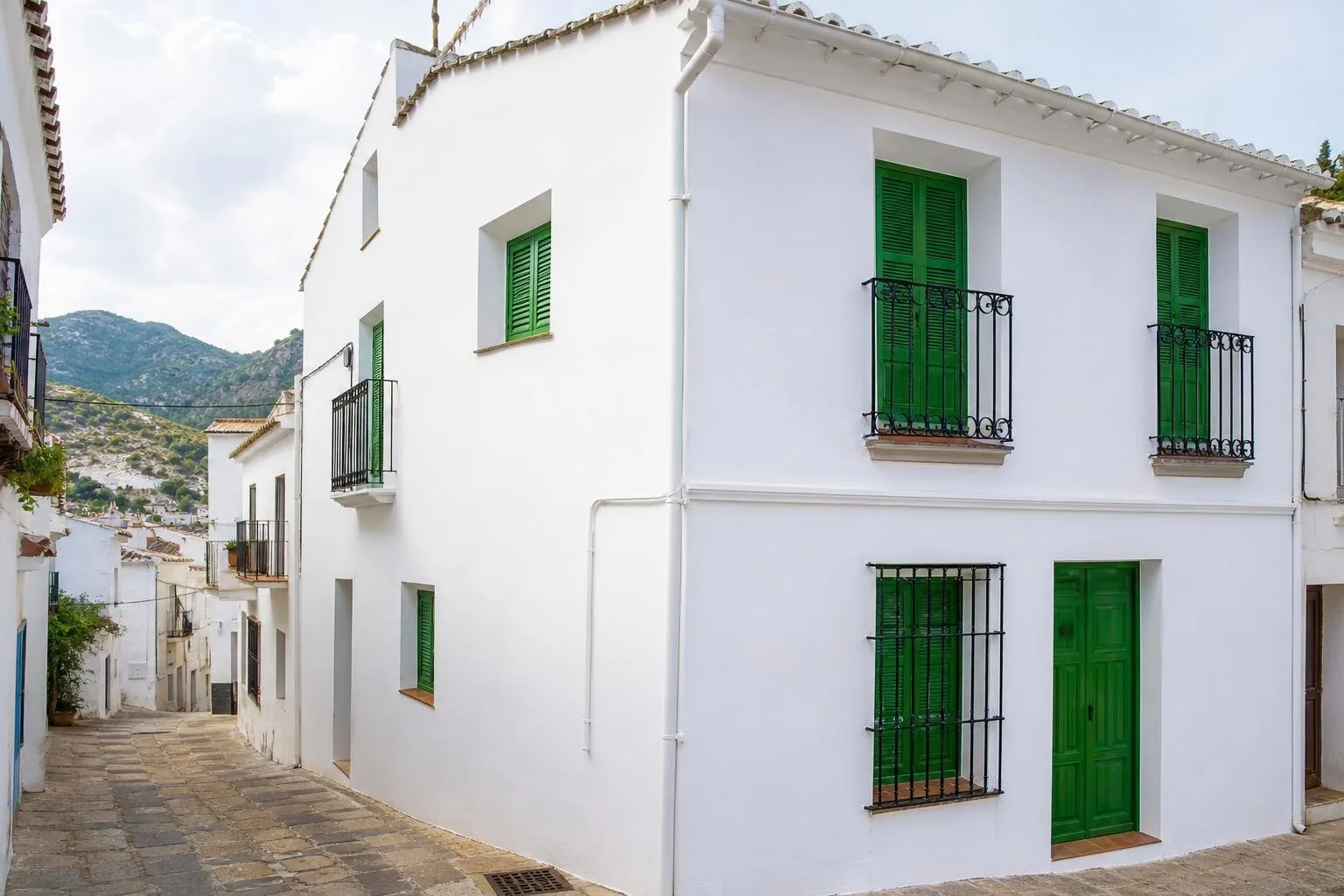 Casa encalada de pueblo con contraventanas verdes recién pintada