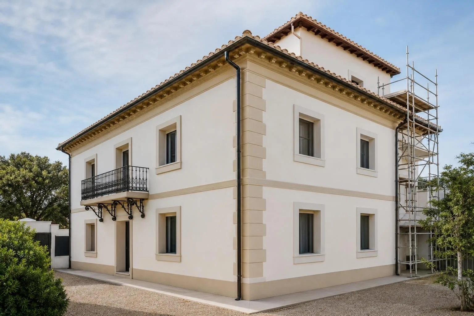 Fachada restaurada con revoco nuevo y pintura, con andamio lateral